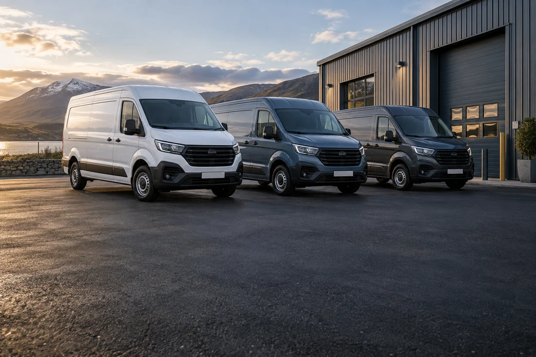 Illustrative commercial vans outside a business depot